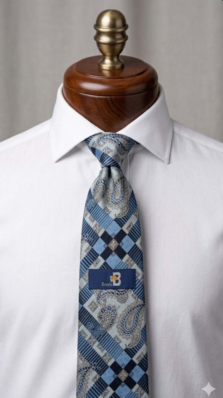 Bonds Vintage Qiana Nylon Paisley Geometric Necktie Blue Grey